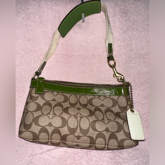 Coach Handbags - Coach Signature Canvas Shoulder Bag with Green Trim